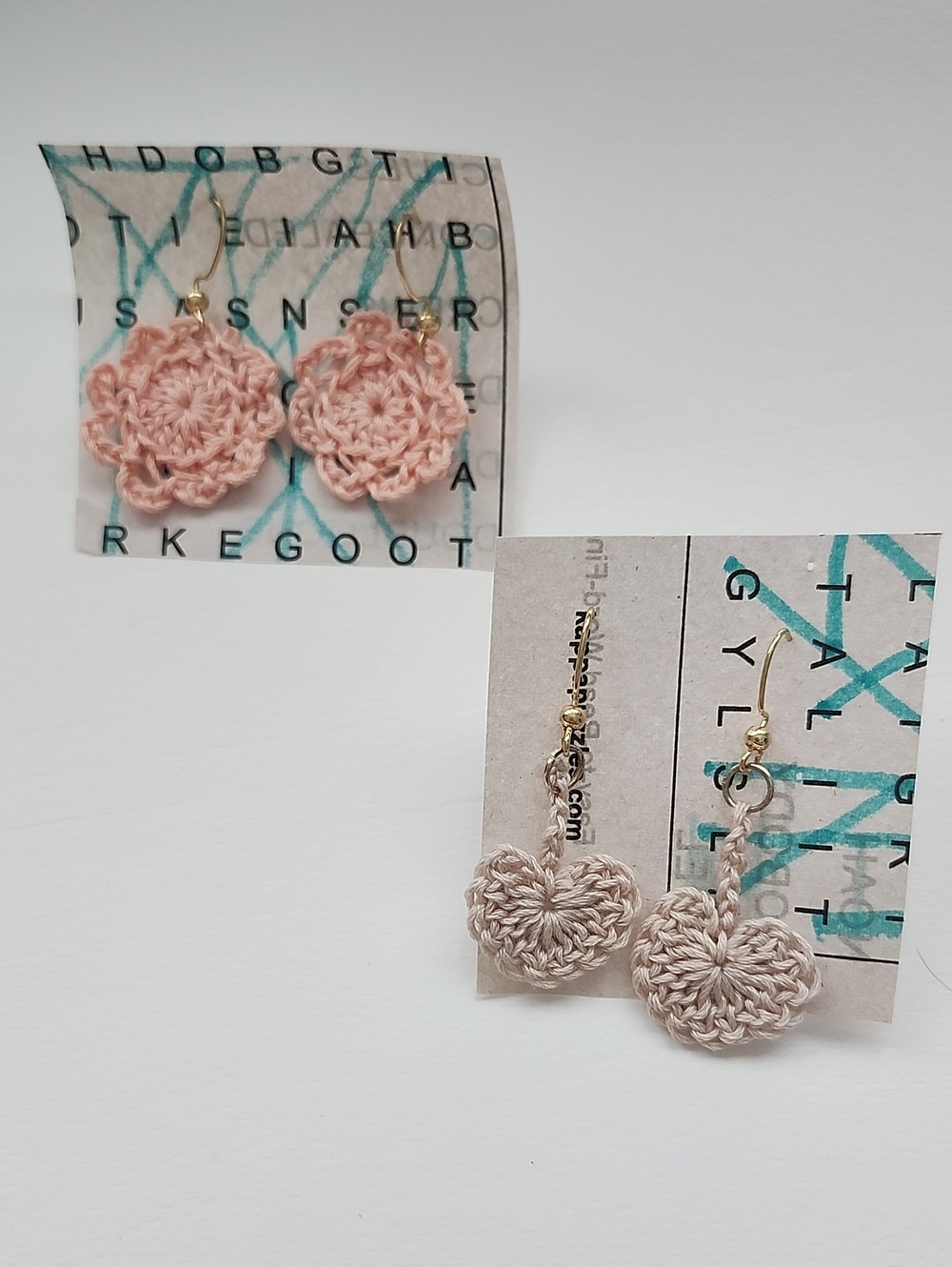 Handmade Crochet Flower & Heart Drop Earrings - Pink